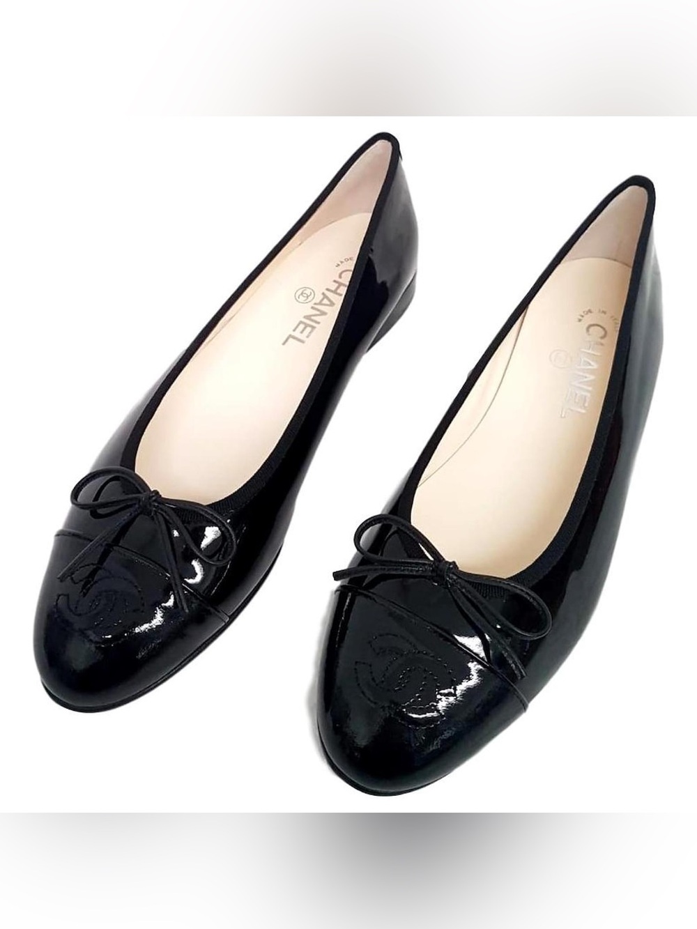 NEW IN BOX CHANEL Black Patent Leather Bow Trim Ballet Flats
